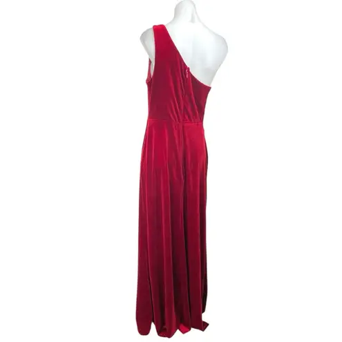 Azazie Red Velvet Velour One Shoulder Sleeveless Maxi Formal A-line Dress Sz 10