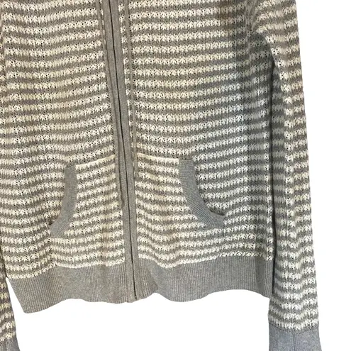 Caslon Gray Striped Hooded Cotton Knit Full Zip Jacket Women Sz L