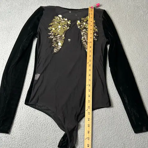 A3 Design Bodysuit Juniors Womens L Black Velvet Long Sleeve Angel Sequin Wings Size undefined