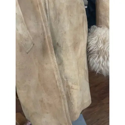Vintage 70s Leather Penny Lane Coat Fur Trim Jacket Belted Size 12 Camel Beige M Tan