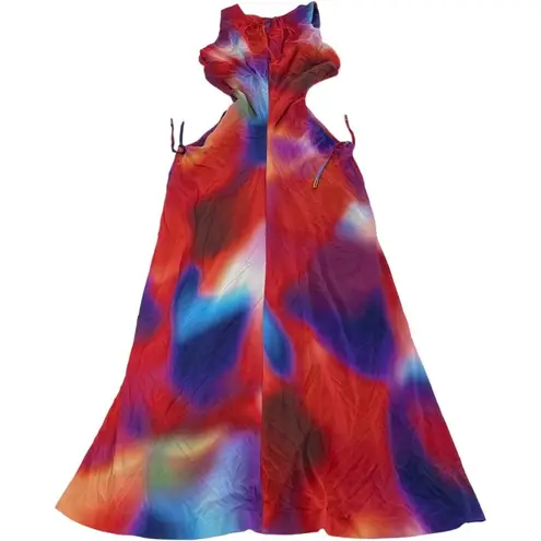 Rebecca Vallance Dress Womens 8 Red Blue Del Prado Midi Cutout Side Psychedelic