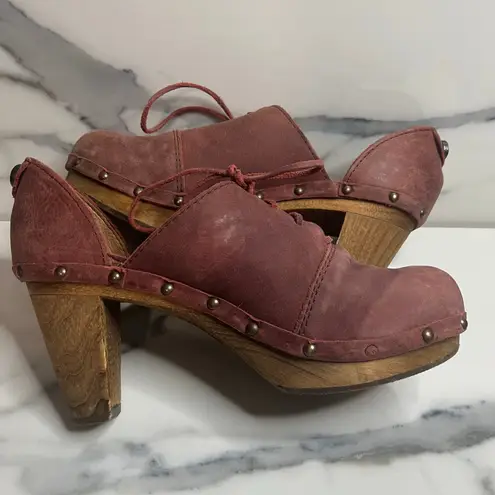 Sanita Women's Red Leather Danish Theadora Lace Up Wood Clogs Shoes Sz 39 Sz 8