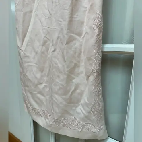 Jessica Howard Vintage  Pink Linen Embroidered Beaded Midi Dress Size 12 Large