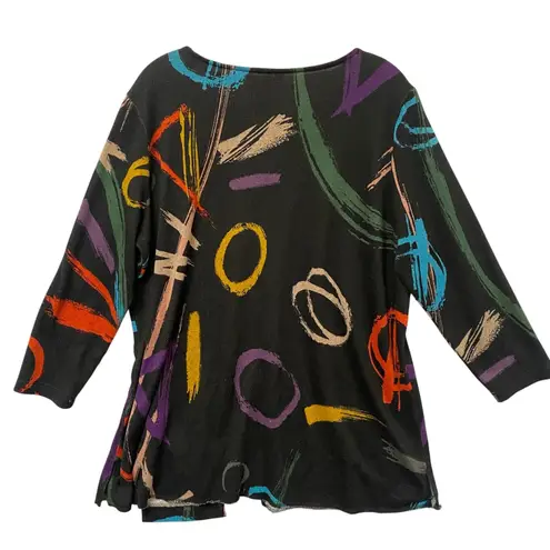 Ali Miles XL Black Abstract Brush Stroke Print 3/4 Sleeve Pocket Tunic Top