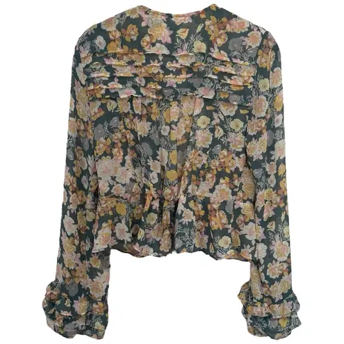 Free People  Floral Sheer Ruffle Long Sleeve Tie Front Cardigan Size XS