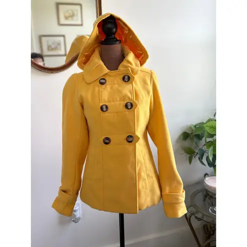 Pink Envelope Yellow Hooded Pea Coat Women's Small Double Breasted Stylish