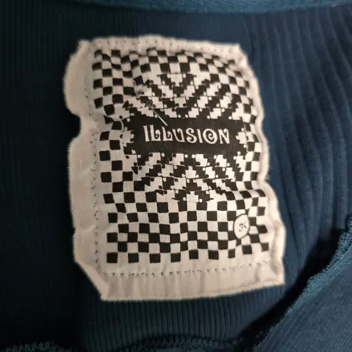 Illusion Y2K Blue Ribbed Knit Top Size 3X Clean Girl Retro Femme