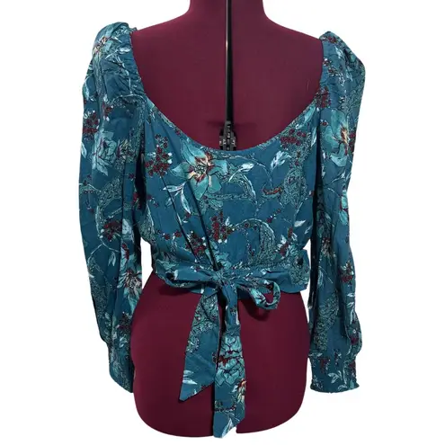 Band of Gypsies BAND OF THE FREE Boho Sybille Teal Floral Crossover Crop Top Long Sleeve NWT M