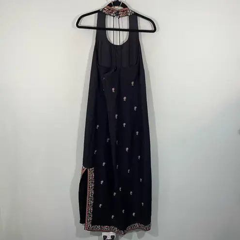 Kenar Vintage Black with Floral Embroidery Linen Blend Halter Maxi Dress Size 14