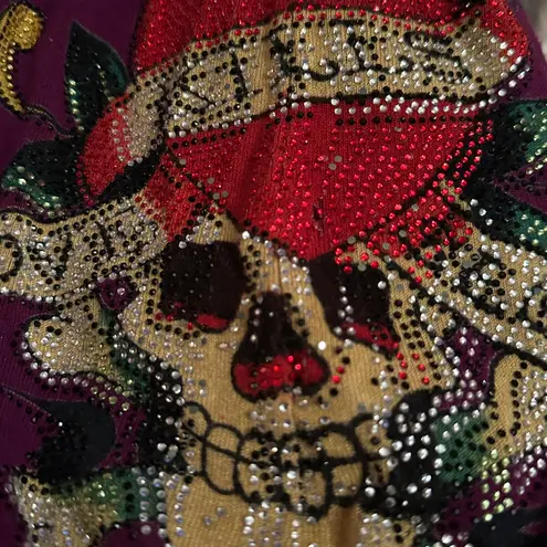 Ed Hardy Rhinestone Hearts And Skull V Neck Sweater