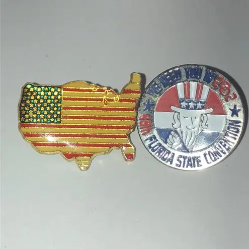 Lot of 2 USA Flag 2002 Florida State Convention Enamel Vintage Pins Gold