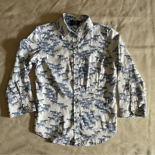 Rönner Horse Print Blouse Sz 8 Equestrian Button Down Shirt Horse Lover Barn Blue