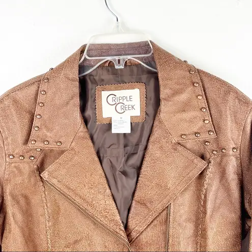 CRIPPLE CREEK Brown 100% Genuine Leather Studded Zipper Pockets Moto Jacket Size M