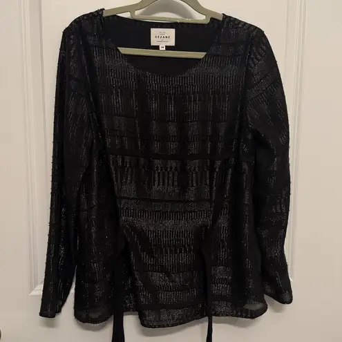 Sézane Black Metallic Long Sleeve Tie-Waist Top Blouse Size 38 6 US
