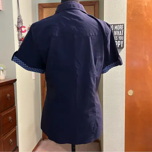 Elly navy blue short sleeve button down top blue gingham accents size 46 (L) Size L