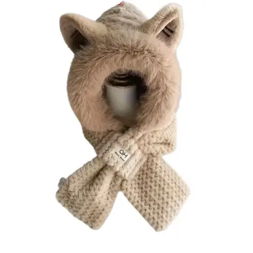 Tan Plush Hooded Scarf Hat With Animal Ears – Faux Fur Winter Wrap Tan