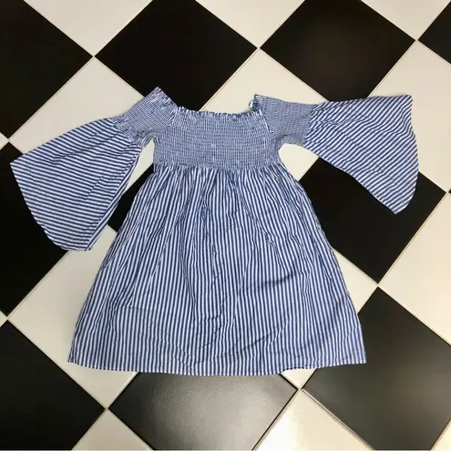 ZARA Off the Shoulder Mini Dress Or Tunic Blue & White Striped Pleated sz Small