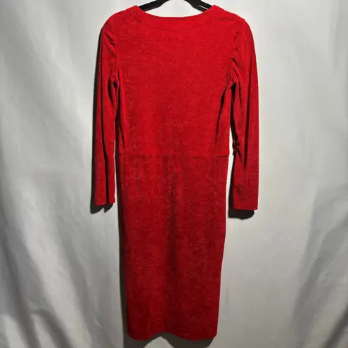 Red V Neck Long Sleeve Terry Cloth Midi Dress Pockets Handmade Holiday Retro S