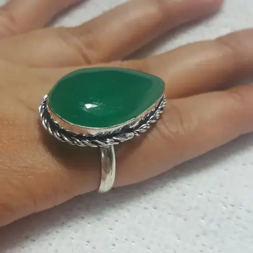 Natural Green Onyx 925 Silver Gemstone Ring Size 7.5