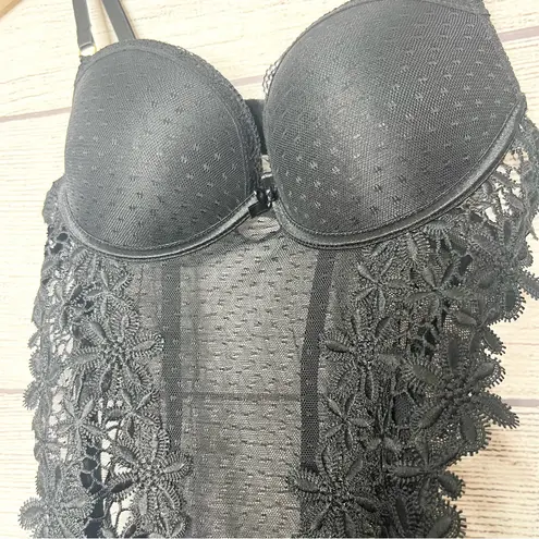 Sheer Black Lace Bustier Lingerie with Floral Appliqué and Garter Straps Size XL