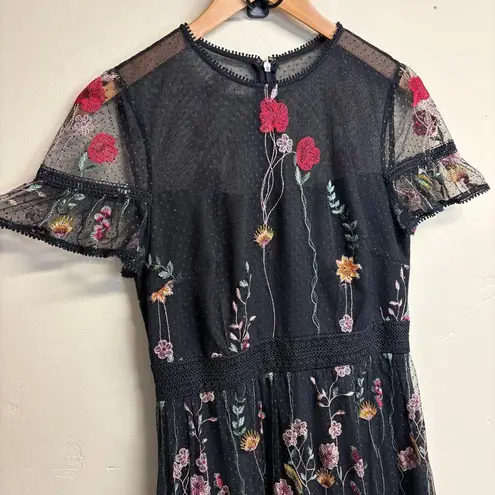 ML Monique Lhuillier Floral Embroidered Tiered Ruffle Maxi Gown Size 4 Black