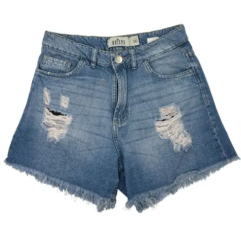 Krísy Bermuda Shorts Womens 36 Blue Distressed Denim High Rise Frayed Hem Resort Size M