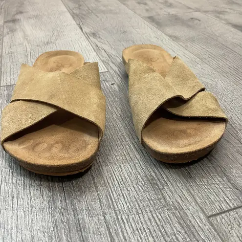 Yokono Genuine Leather Size 8 Suede Cross Strap Slide Sandals Tan