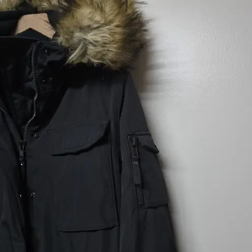 S13 New York Black Parka Jacket M Faux Fur Hood Warm Winter Coat 33" Long Flaw Size M