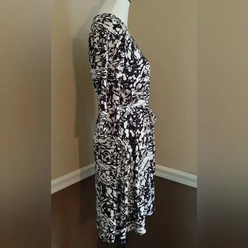 Leota Black & Cream Print Faux-Wrap 3/4 Sleeve Stretch ModCloth Dress Small