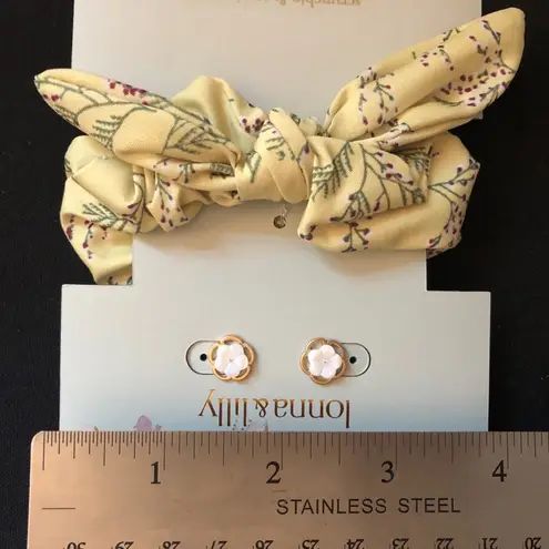 Pink flower stud earrings with matching yellow hair scrunchie