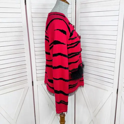 Vintage 90s Berek Beaded Tiger Stripe Cardigan Sweater Red Black Medium