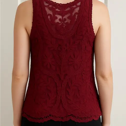 Burgundy Lace Sleeveless Top – Sheer Embroidered Floral Detail Red