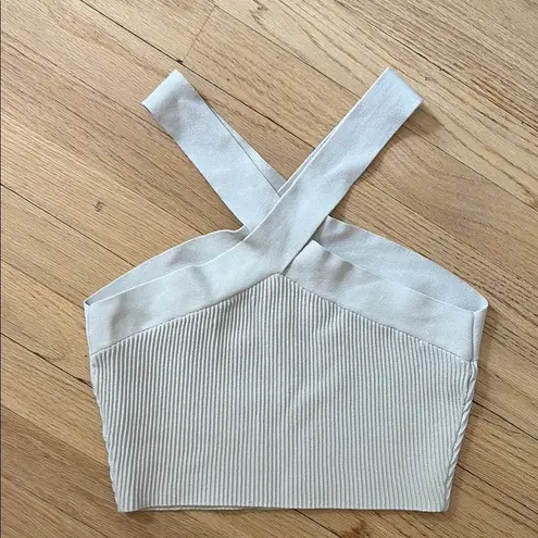 Babaton White Ribbed Fitted Crop Tank Top