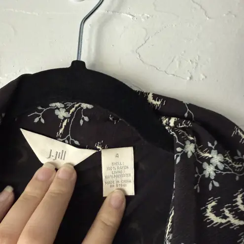 J Jill Dress Womens 4 Black White Floral Button Front Short Sleeve Rayon Midi