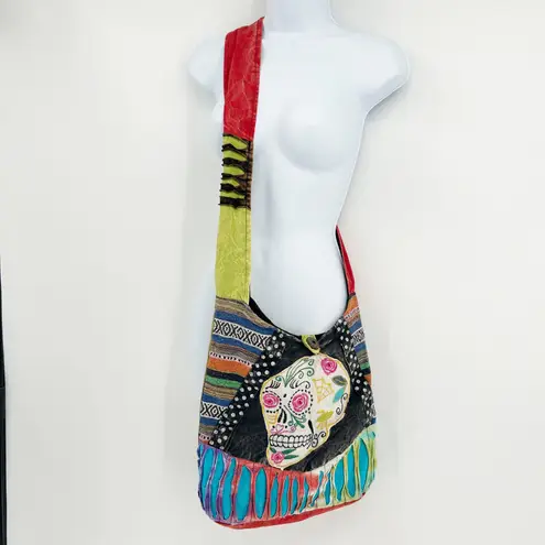 Boho Sugar Skull Shoulder Bag Patchwork Hippie Festival Purse Hobo Crossbody White