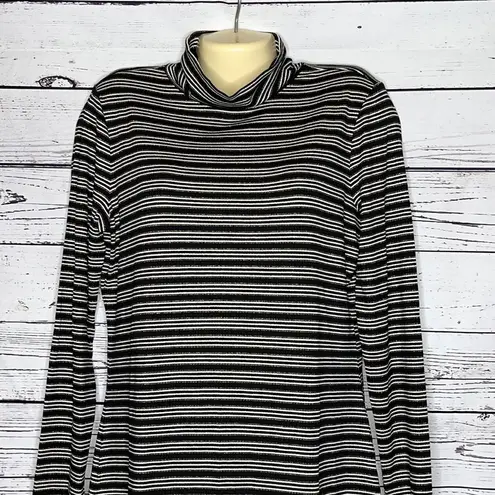 Ann Taylor  NWT Sz L Black Metallic Gold Stripe Ribbed Fabric Turtleneck Knit Top