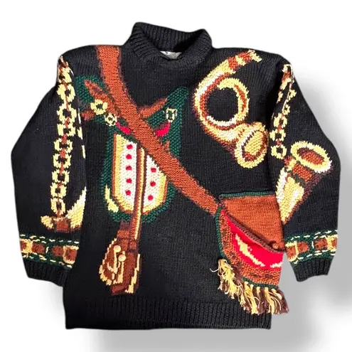 Vintage The Eagles Eye Black Hand Knit Chunky Equestrian Trompe Loeil Sweater Size M