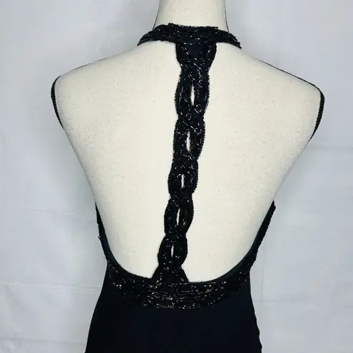 Cache  Silk Gown Dress Women's Size 8 Black Beaded Halter Neck Vintage