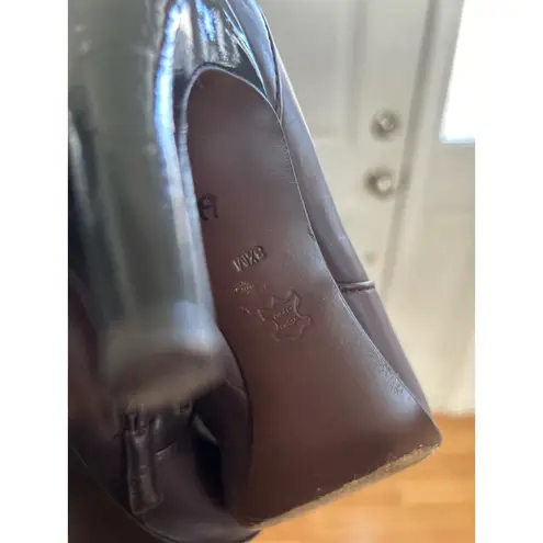 via spiga Chocolate Brown Leather Gold Buckle Point Toe Stiletto Boot