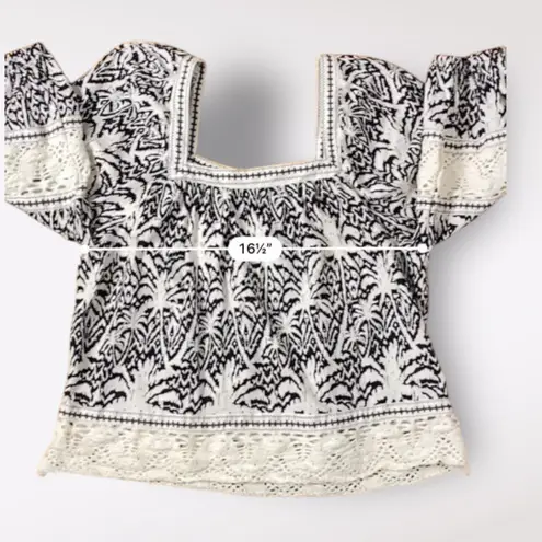 Panama Jack Black White Palm Tree Lace Trim Linen Blend Top Size S Prairie Boho