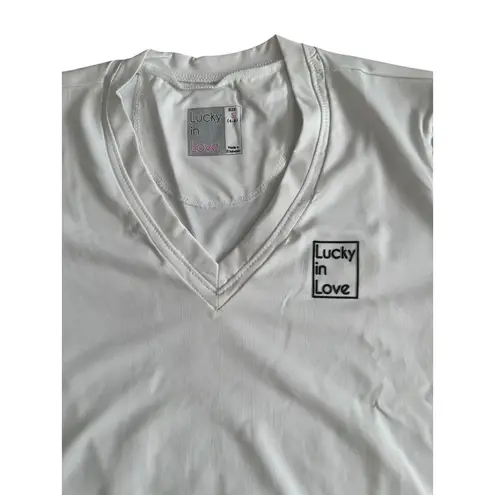 LUCKY IN LOVE White V Neck T Shirt Size Small NEW with tags