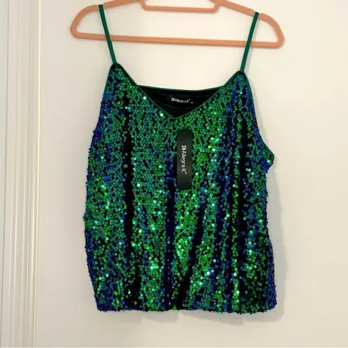 Allegra K Green and Blue Sequined Shining Adjustable Straps Sparkle Cami Top