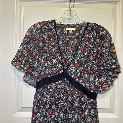 Max Studio Navy Floral Print V Neck Short Sleeve Maxi Dress S