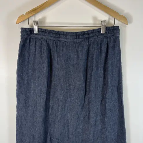 Garnet Hill 100% Linen Blue Side Slits Elastic Waist Maxi Skirt Size 10 Pockets