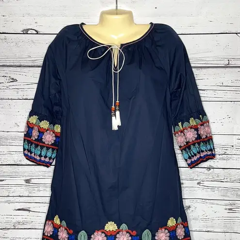 Mello Day NWT Size S Navy Blue Boho Embroidered Keyhole Tassel Tie Sheath Dress
