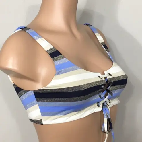 PilyQ Rare. metallic navy, blue, tan, cream stripe lace up bikini. NWT