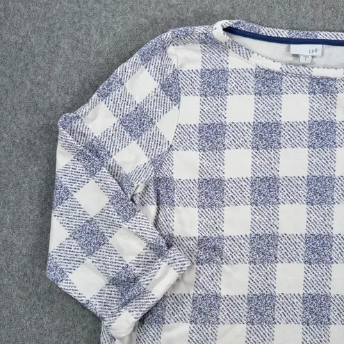 J.Jill Gingham Side Zip Pullover Top Women's Large 3/4 Sleeve Blue White Terry