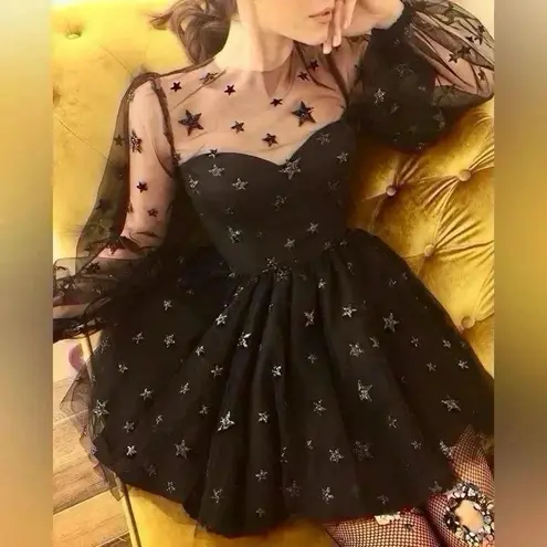 Lirika Matoshi Teuta Star Tulle Dress XL Black Celestial Mini Fairycore