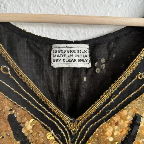 Vintage 70s Gold Black Silk Sequin Beaded Butterfly Boho Disco V Neck Drape Top