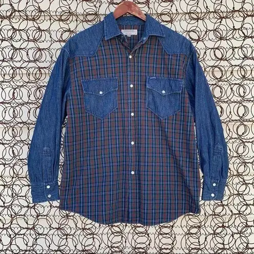 Guess by Marciano VTG 90s Guess Jeans plaid flannel and denim button up long sleeve shirt SMALL